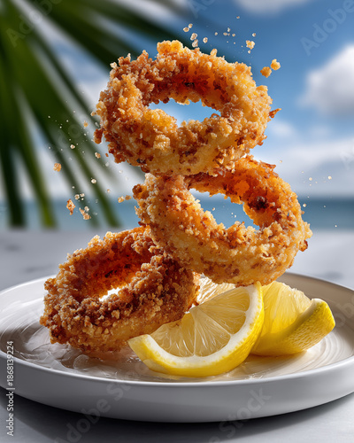 Fried squid rings with lemon on a plate on a tropical background