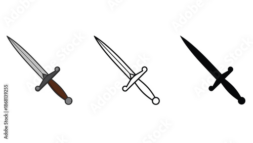A collection of three different daggers on a white background