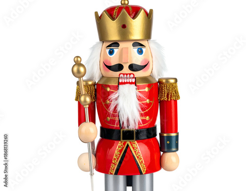 A wooden, regal, nutcracker with a crown, holding a scepter, and wearing a red coat