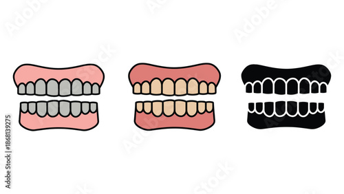 A set of cartoon teeth illustrations in different colors and styles for dental or medical use