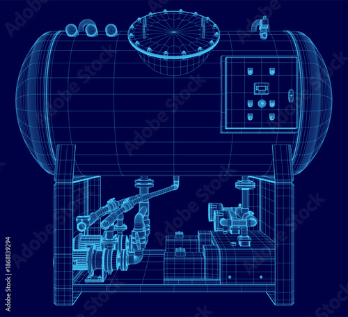 A detailed 3D wireframe model of a large industrial vacuum station tank, presented on a clean blue background with intricate mechanical details and realistic blueprint styling.