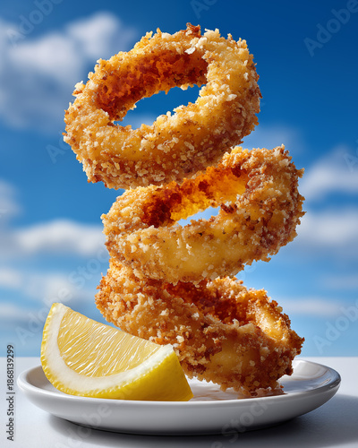 Fried squid rings with lemon on white plate over blue sky background