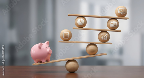 balanced financial growth concept with pink piggy bank on wooden scales and icons for savings investment planning budgeting accounting and wealth management in office setting