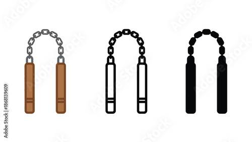 A set of three nunchucks with different designs and colors on a white background