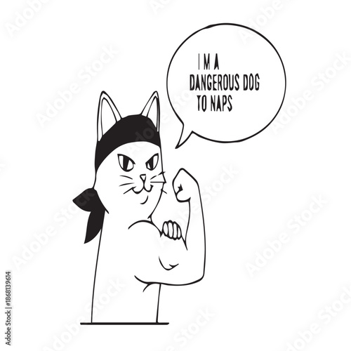 Muscular cat in bandana flexes with humorous speech bubble