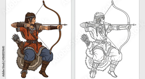 Powerful Mongol Warrior Woman With Bow and Arrow Ready to Shoot in Traditional Dress