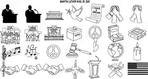 Martin Luther King Jr. Day vector icons: line art, civil rights, peace, justice, USA