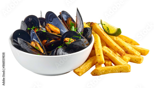 A white bowl of steamed mussels and golden, crispy French fries with a lime wedge