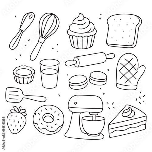 Hand-drawn baking and dessert items collection.