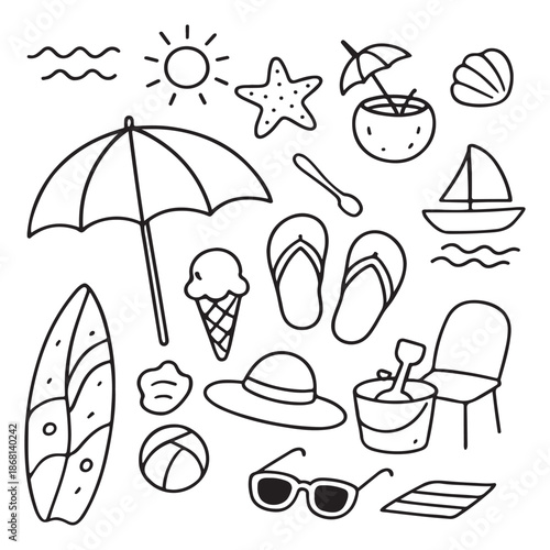 Summer Beach Vacation Objects Collection Doodle Style.