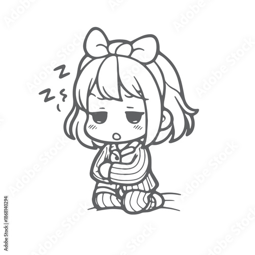 Cute Chibi Girl in Pajamas Feeling Sleepy and Tired.