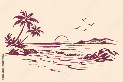 Beach sunset with palm trees ink sketch vector illustration