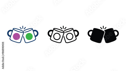 A set of three clinking coffee cup icons in different styles and colors
