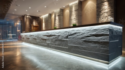 Reception area with textured stone counter illuminated by rim-light Shadows extend naturally across polished flooring glimmers enrich metallic