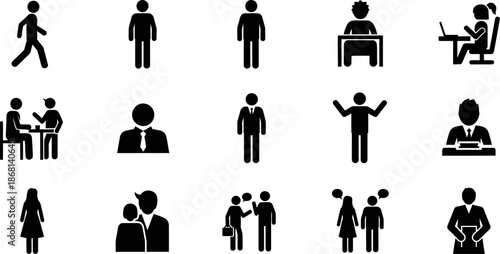 Collection of 14 black silhouette icons depicting various business and office settings