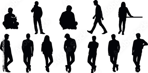 Collection of 11 black silhouettes of people in various poses and outfits on white background