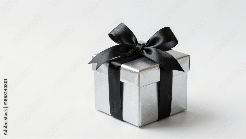 Obraz premium Silver giftbox with black satin bow on white background