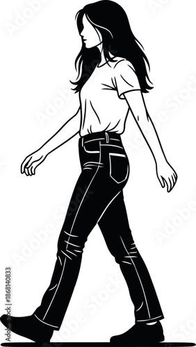 A woman walking with a carefree stride in black and white illustration