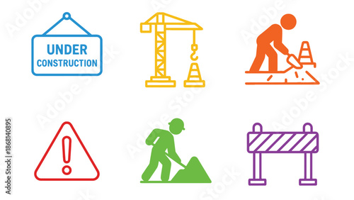 A colorful set of construction icons on a white background