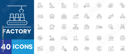Factory icon set. Industry linear icon set. Minimal icons collection. Includes warehouse, manufacturing, machinery, automation and more. Editable vector stroke