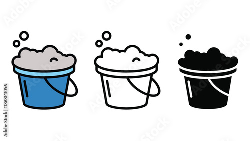 Three cartoon buckets filled with soap bubbles in different colors and styles