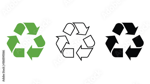 Three recycling symbols in green, black and white on a clean background