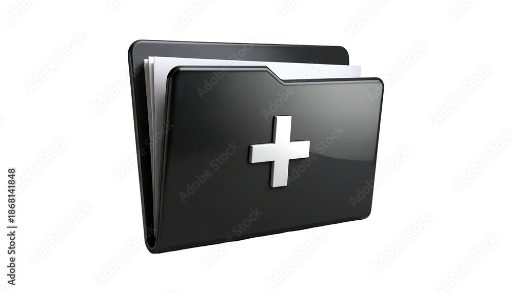 Fototapeta premium Glossy black folder with a white plus symbol, holding white sheets. Transparent background