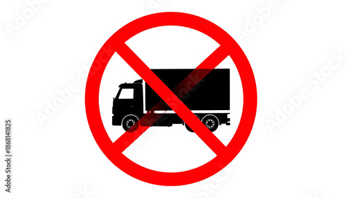 A black truck silhouette within a red circle crossed by a diagonal line, on black