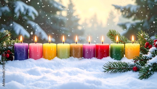Colorful lit candles in snowy landscape with pine branches, Christmas theme
