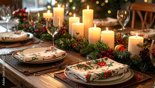 Festive table setting with candles, greenery, place settings, and a blurred Christmas tree