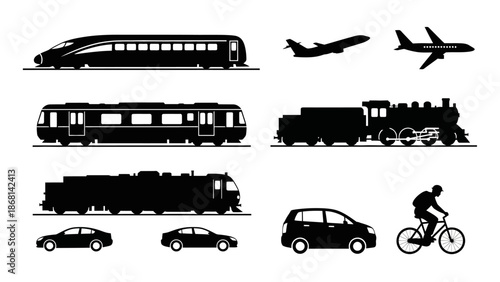 Various modes of transportation illustrated in a simple black and white style