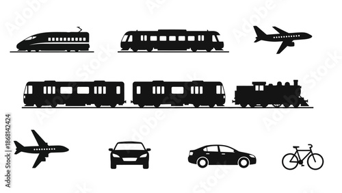 Various modes of transportation depicted in a monochrome silhouette style