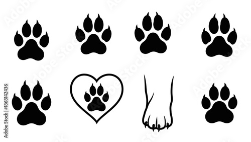 Black paw prints a heart cat whiskers and a tail graphic illustration