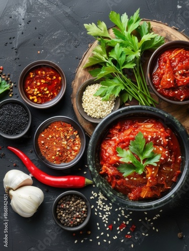 Gathering of Korean kimchi serving ritual with sauces on wooden stand in traditional style