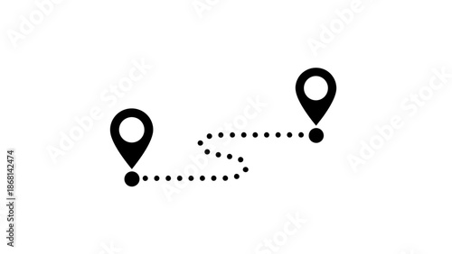 Simple black and white illustration showing a route with map location pins