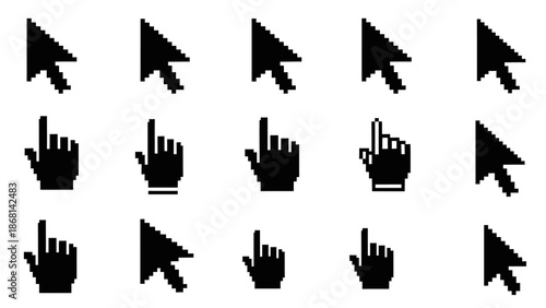 Collection of black computer cursors and hand icons on a white background