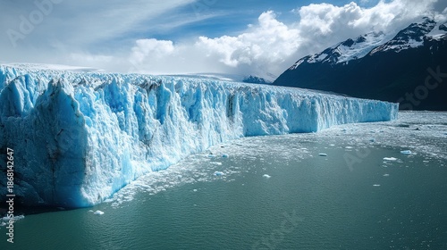 Massive towering wall of ancient bright blue glacial ice meets cold dark water under a dramatic partly cloudy sky near mountains