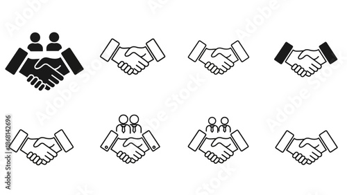 A collection of black and white handshake icons in various styles