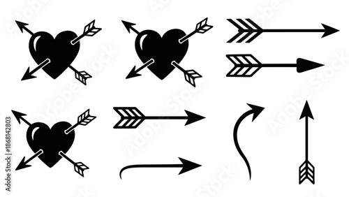 Black silhouettes of hearts pierced by arrows and various arrow designs