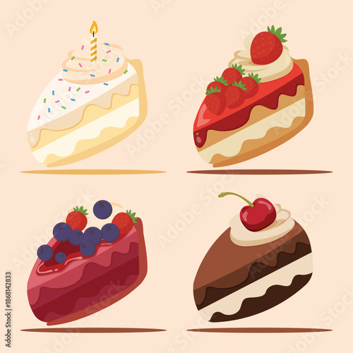 Delicious Assorted Cake Slices Vector Set with Fruit and Chocolate Toppings