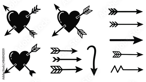 Black and white illustration of hearts pierced by arrows and various arrow designs
