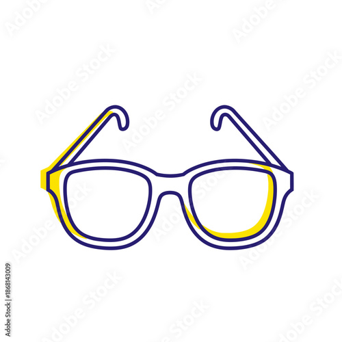 Modern Eyeglasses Icon - Blue and Yellow Outline on White Background