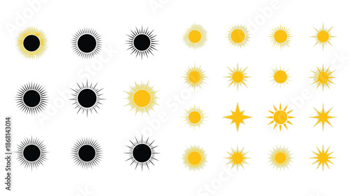 Collection of sun icons and black holes in various styles and designs