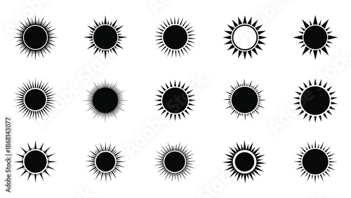 Abstract arrangement of black and white sun or starburst icons