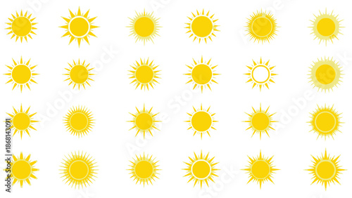 A collection of vibrant yellow sun icons arranged on a clean white background