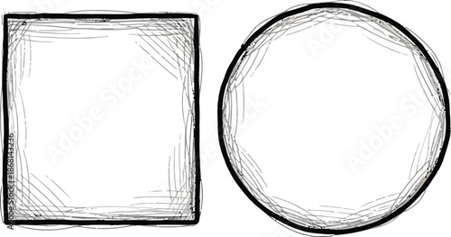 Distressed hand-drawn grunge text box frames set featuring rough jagged edges, ink pen rectangles, ovals, circles, squares. Retro vintage textured vector banners, borders, templates