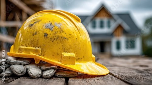 A well-used yellow hard hat rests atop work gloves on a wooden surface, symbolizing construction and labor in a residential building site.