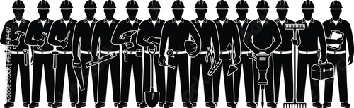 Large group of construction worker silhouettes standing together holding professional hand tools and building equipment on a clean white background