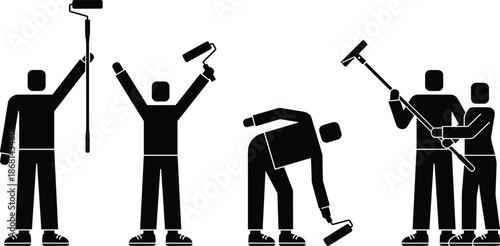 Set of black stick figure vector pictograms showing people painting walls with rollers, performing home renovation and decoration tasks.