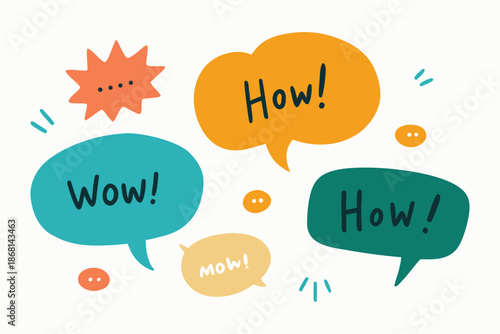 Whimsical Speech Bubbles with Exclamations Like Wow and How, Expressing Surprise and Inquiry